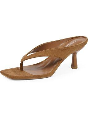 Womens Suede Brown Square Open Toe Low Kitten Heel Flip Flop Slip On Slide Shoes
